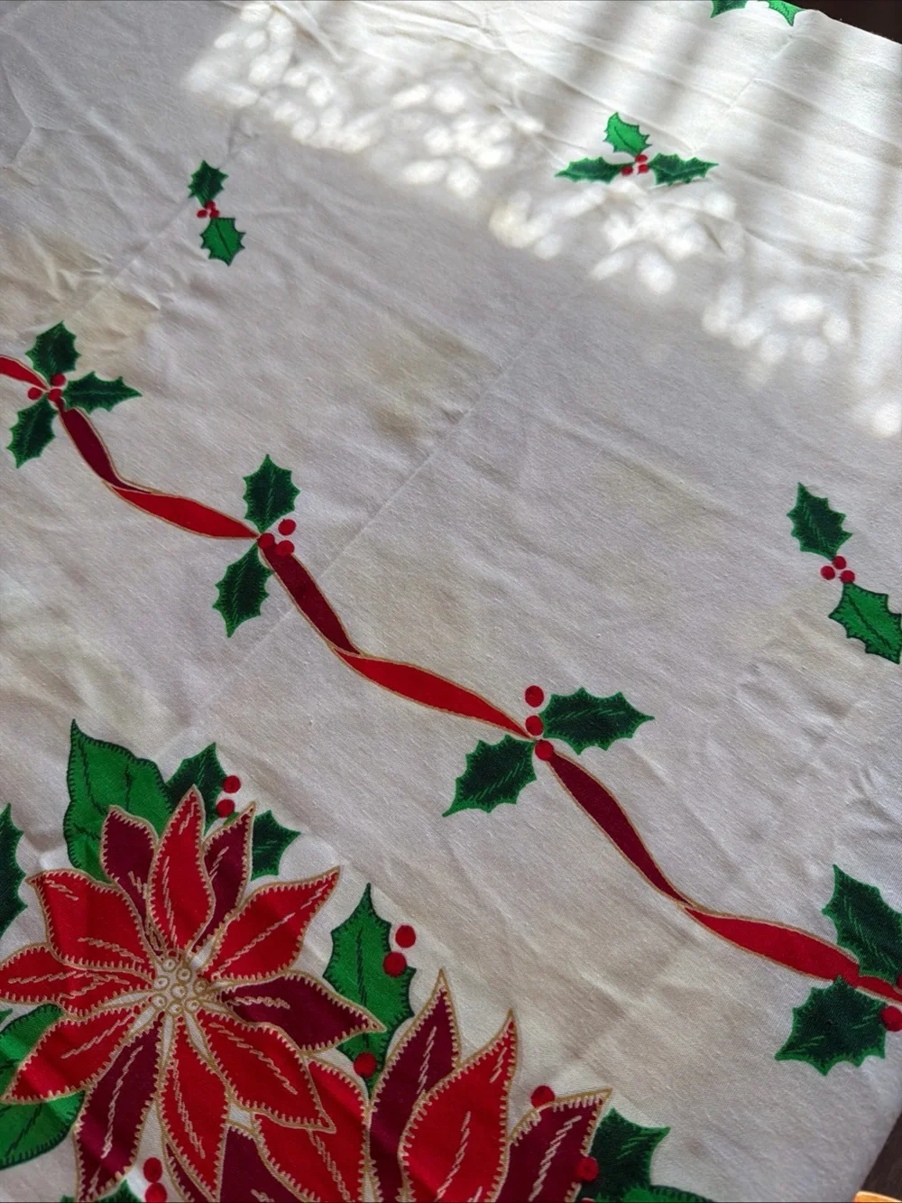 3 vintage tablecloths Thanksgiving, Christmas and Blue Jacquard